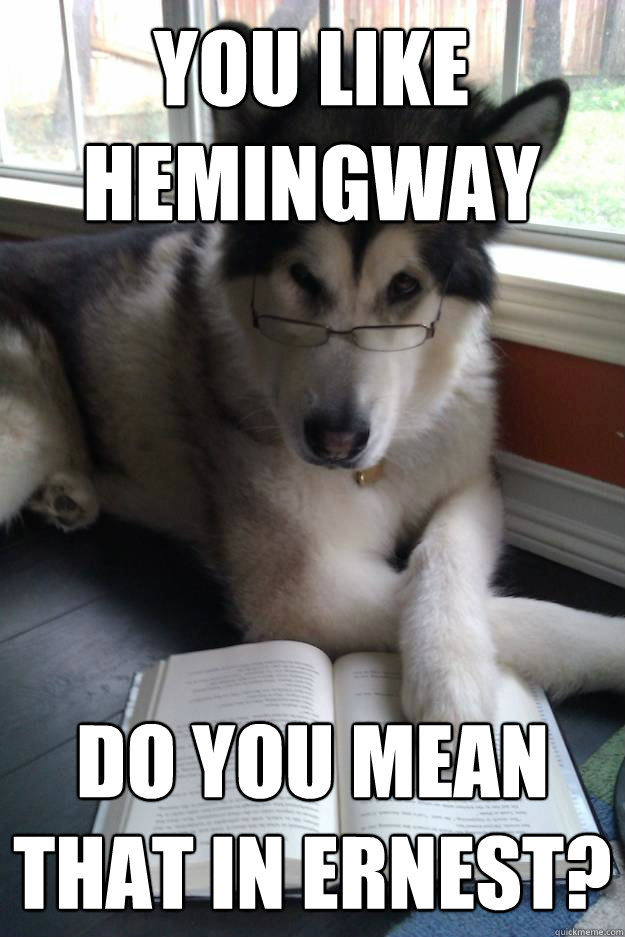 You like Hemingway Do you mean that in Ernest?  Condescending Literary Pun Dog