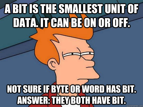 A bit is the smallest unit of data. It can be on or off. Not sure if byte or word has bit. Answer: They both have bit.  Futurama Fry