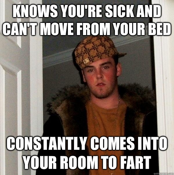 Knows you're sick and can't move from your bed Constantly comes into your room to fart  Scumbag Steve