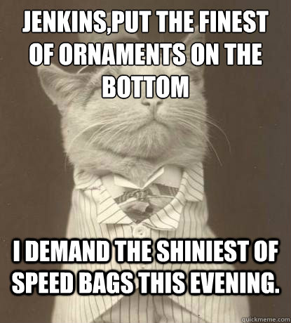 Jenkins,Put the finest of ornaments on the bottom I demand the shiniest of speed bags this evening.  Aristocat