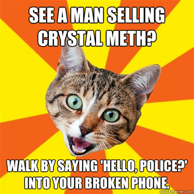 See a man selling crystal meth? Walk by saying 'Hello, police?' into your broken phone.  Bad Advice Cat