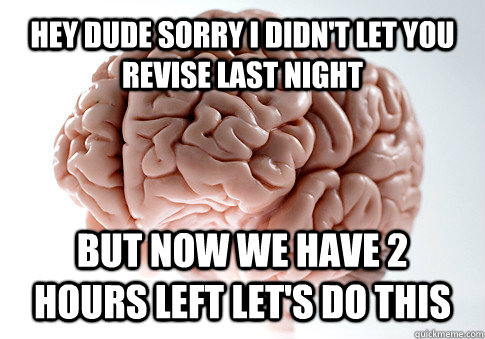 hey dude sorry i didn't let you revise last night but now we have 2 hours left let's do this  Get the [AdviceAnimals Chrome extension!](http://www.livememe.com/extension)  Scumbag Brain