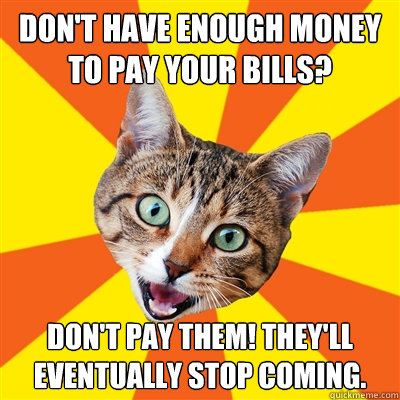 Don't have enough money to pay your bills? Don't pay them! They'll eventually stop coming.  Bad Advice Cat