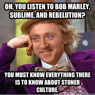 Oh, you listen to Bob Marley, Sublime, and Rebelution? You must know everything there is to know about stoner culture.  Condescending Wonka