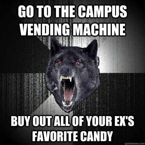 Go to the campus vending machine Buy out all of your ex's favorite candy  Insanity Wolf