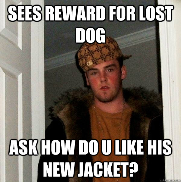 SEes reward for lost dog ask how do u like his new jacket? - SEes reward for lost dog ask how do u like his new jacket?  Scumbag Steve