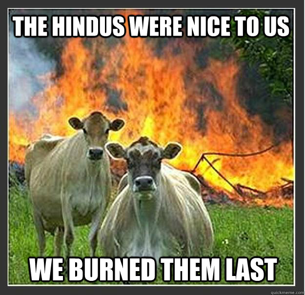 the hindus were nice to us we burned them last  Evil cows