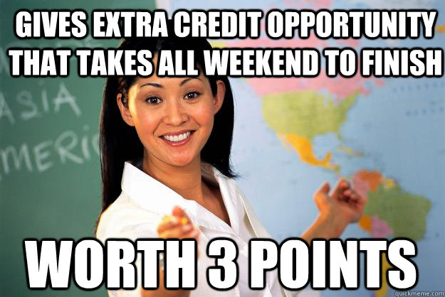 Gives extra credit opportunity that takes all weekend to finish worth 3 points  Unhelpful High School Teacher