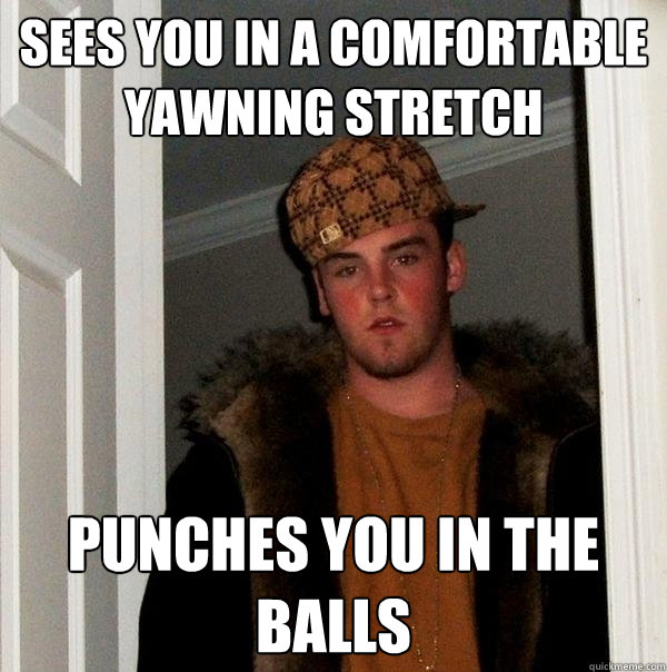 Sees you in a comfortable yawning stretch Punches you in the balls  Scumbag Steve