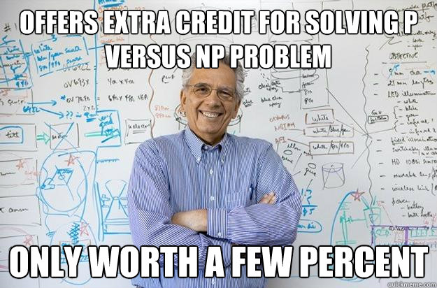 Offers Extra Credit for solving p versus np problem only worth a few percent - Offers Extra Credit for solving p versus np problem only worth a few percent  Engineering Professor