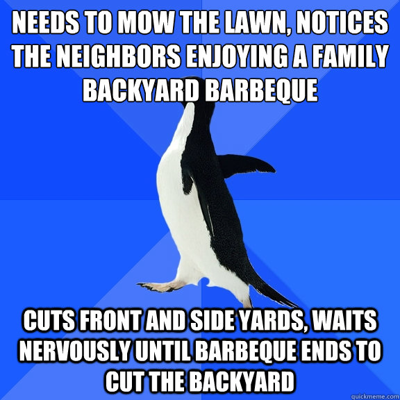 Needs to mow the lawn, notices the neighbors enjoying a family backyard barbeque cuts front and side yards, waits nervously until barbeque ends to cut the backyard  Socially Awkward Penguin