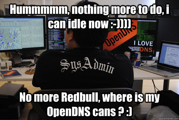 Hummmmm, nothing more to do, i can idle now :-)))) No more Redbull, where is my OpenDNS cans ? :)  Success SysAdmin