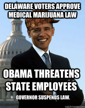 Delaware voters approve Medical Marijuana Law Obama threatens state employees Governor suspends law.  Scumbag Obama