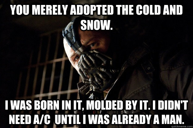 You merely adopted the cold and snow. I was born in it, molded by it. I didn't need A/C  until I was already a man.  Angry Bane