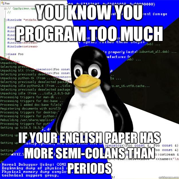 You know you program too much If your english paper has more semi-colans than periods   Computer Science Penguin