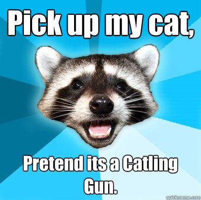 Pick up my cat, Pretend its a Catling Gun.  Lame Pun Coon