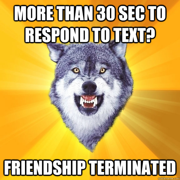 more than 30 sec to respond to text? friendship terminated - more than 30 sec to respond to text? friendship terminated  Courage Wolf