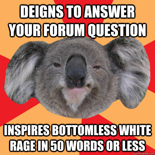 deigns to answer your forum question inspires bottomless white rage in 50 words or less  