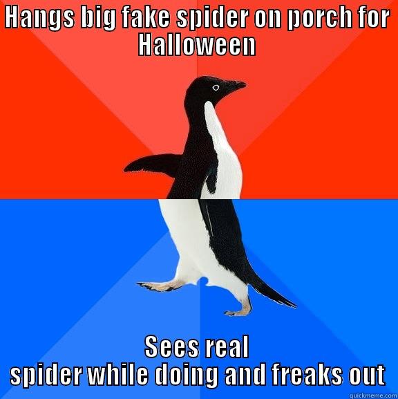 HANGS BIG FAKE SPIDER ON PORCH FOR HALLOWEEN SEES REAL SPIDER WHILE DOING AND FREAKS OUT Socially Awesome Awkward Penguin