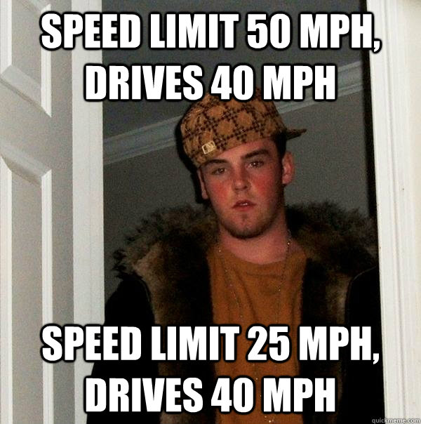 Speed limit 50 MPH, drives 40 MPH Speed limit 25 MPH, drives 40 MPH - Speed limit 50 MPH, drives 40 MPH Speed limit 25 MPH, drives 40 MPH  Scumbag Steve