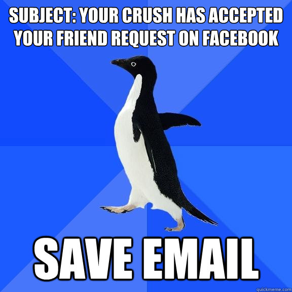 Subject: YOUR CRUSH Has accepted your friend request on Facebook Save Email  Socially Awkward Penguin