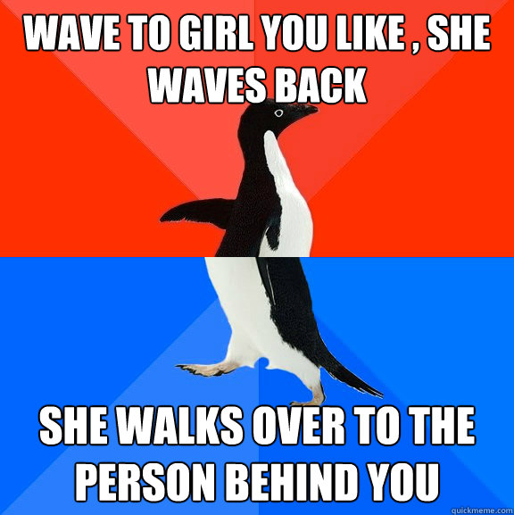 Wave to girl you like , she waves back she walks over to the person behind you  - Wave to girl you like , she waves back she walks over to the person behind you   Socially Awesome Awkward Penguin