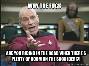 why the fuck are you riding in the road when there's plenty of room on the shoulder!?!  Annoyed Picard