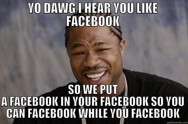 YO DAWG I HEAR YOU LIKE FACEBOOK SO WE PUT A FACEBOOK IN YOUR FACEBOOK SO YOU CAN FACEBOOK WHILE YOU FACEBOOK Xzibit meme