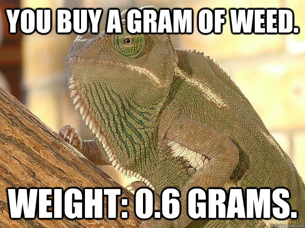 You buy a gram of weed.  Weight: 0.6 grams.   Bad Kharma Chameleon