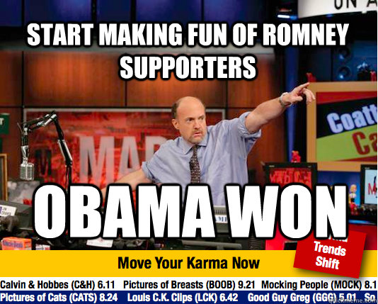 Start making fun of romney supporters obama won  Mad Karma with Jim Cramer