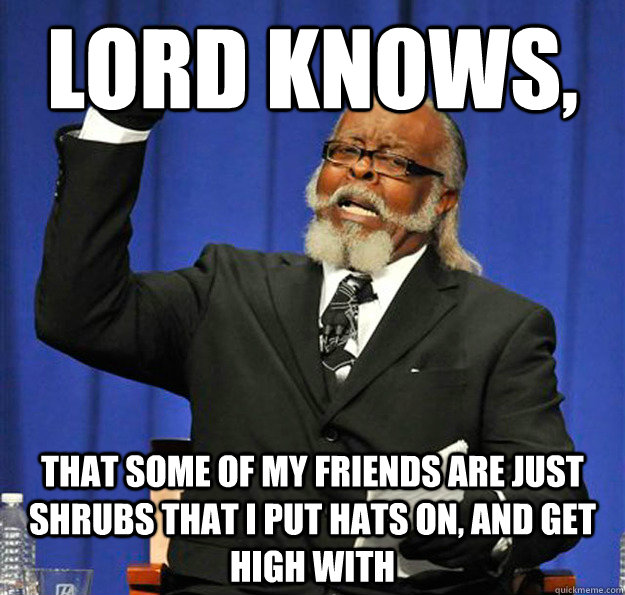 lord knows,  that some of my friends are just shrubs that i put hats on, and get high with  Jimmy McMillan