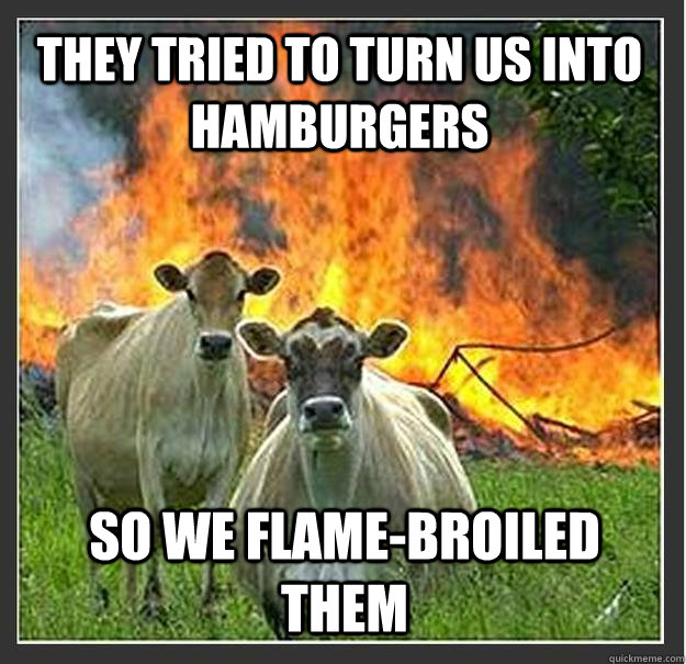 they tried to turn us into hamburgers So we flame-broiled them  Evil cows