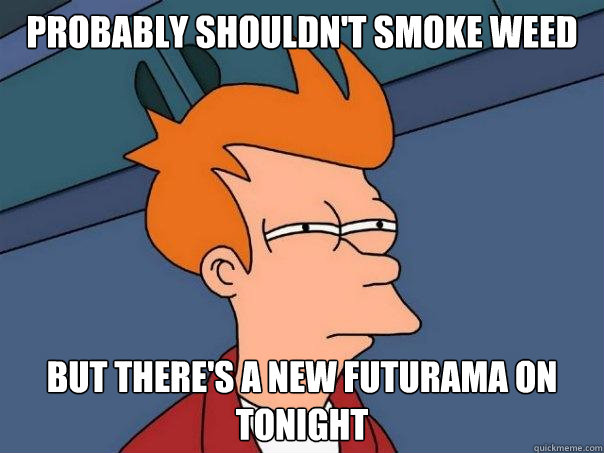 Probably shouldn't smoke weed but there's a new futurama on tonight   Futurama Fry