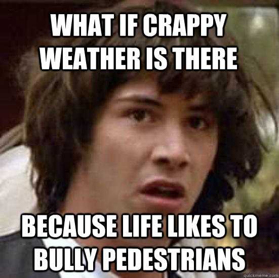 What if crappy weather is there Because life likes to bully pedestrians  conspiracy keanu