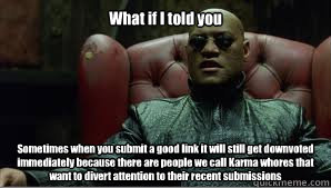 What if I told you Sometimes when you submit a good link it will still get downvoted immediately because there are people we call Karma whores that want to divert attention to their recent submissions - What if I told you Sometimes when you submit a good link it will still get downvoted immediately because there are people we call Karma whores that want to divert attention to their recent submissions  Scumbag Morpheus