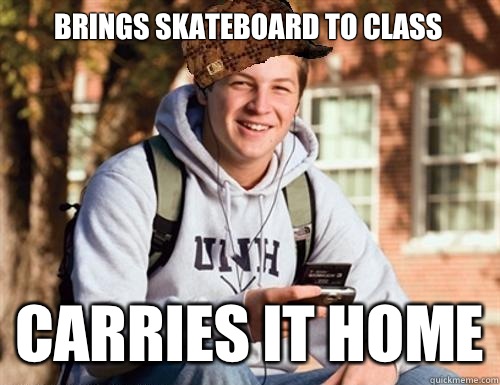 Brings skateboard to class Carries it home  College Freshman