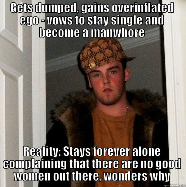 forever a douche - GETS DUMPED, GAINS OVERINFLATED EGO - VOWS TO STAY SINGLE AND BECOME A MANWHORE REALITY: STAYS FOREVER ALONE COMPLAINING THAT THERE ARE NO GOOD WOMEN OUT THERE, WONDERS WHY Scumbag Steve