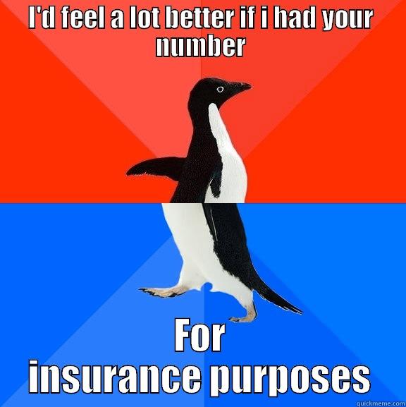 I'D FEEL A LOT BETTER IF I HAD YOUR NUMBER FOR INSURANCE PURPOSES Socially Awesome Awkward Penguin