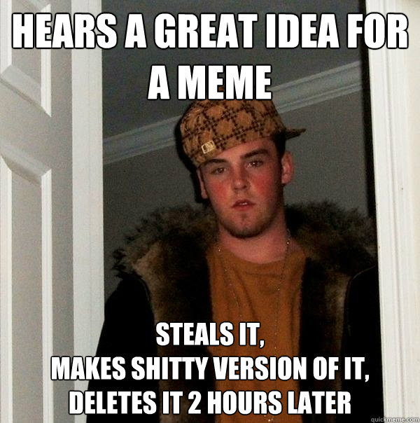 hears a great idea for a meme steals it, 
makes shitty version of it,
deletes it 2 hours later  Scumbag Steve