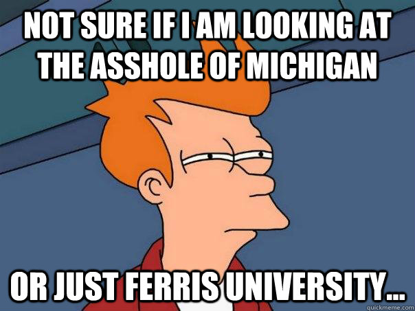 Not sure if I am looking at the asshole of michigan Or just Ferris university...  Futurama Fry