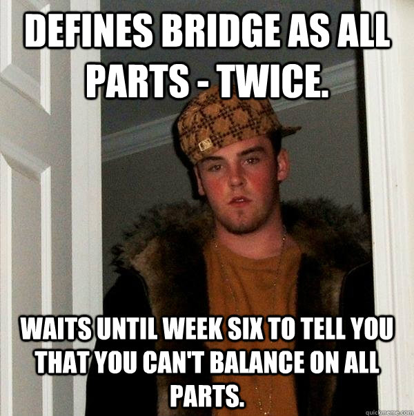 Defines bridge as all parts - twice. waits until week six to tell you that you can't balance on all parts.  Scumbag Steve