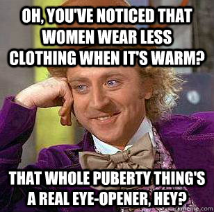 Oh, you've noticed that women wear less clothing when it's warm? that whole puberty thing's a real eye-opener, hey?  Condescending Wonka