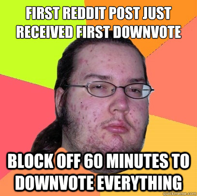 First Reddit post just received first downvote Block off 60 minutes to downvote everything  Butthurt Dweller