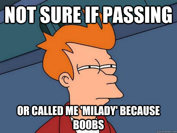 Not sure if passing Or called me 'milady' because boobs  Futurama Fry