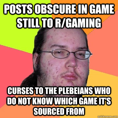 Posts obscure in game still to r/gaming Curses to the plebeians who do not know which game it's sourced from  Butthurt Dweller