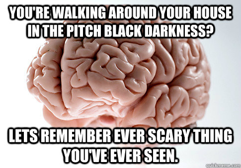 you're walking around your house in the pitch black darkness? lets remember ever scary thing you've ever seen.   Scumbag Brain