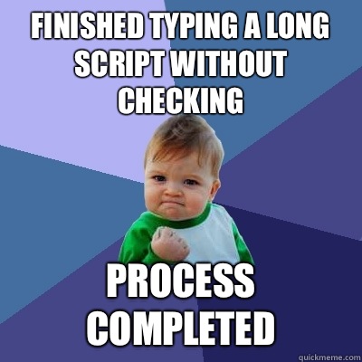 Finished typing a long script without checking Process completed  Success Kid