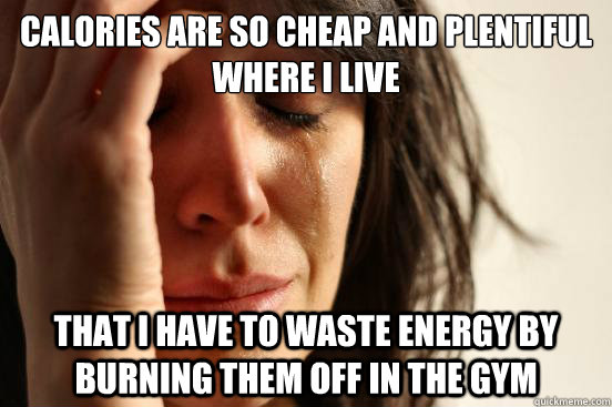 Calories are so cheap and plentiful where I live that I have to waste energy by burning them off in the gym  First World Problems