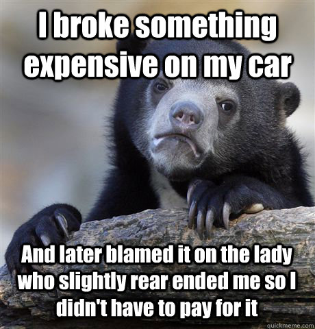 I broke something expensive on my car And later blamed it on the lady who slightly rear ended me so I didn't have to pay for it - I broke something expensive on my car And later blamed it on the lady who slightly rear ended me so I didn't have to pay for it  Confession Bear