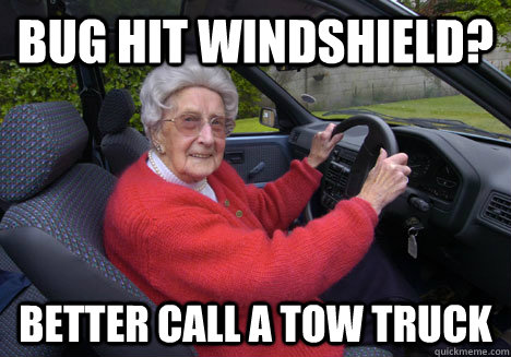 bug hit windshield? better call a tow truck - bug hit windshield? better call a tow truck  Bad Driver Barbara